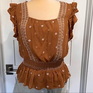 Brown NWT In Loom Festival Peasant Tie Back Shirt - Large